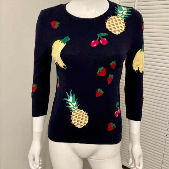 Talbots Sweater Fruit Print Embellished 3/4 Sleeves Navy Cotton Blend Size- XS - Picture 4 of 12